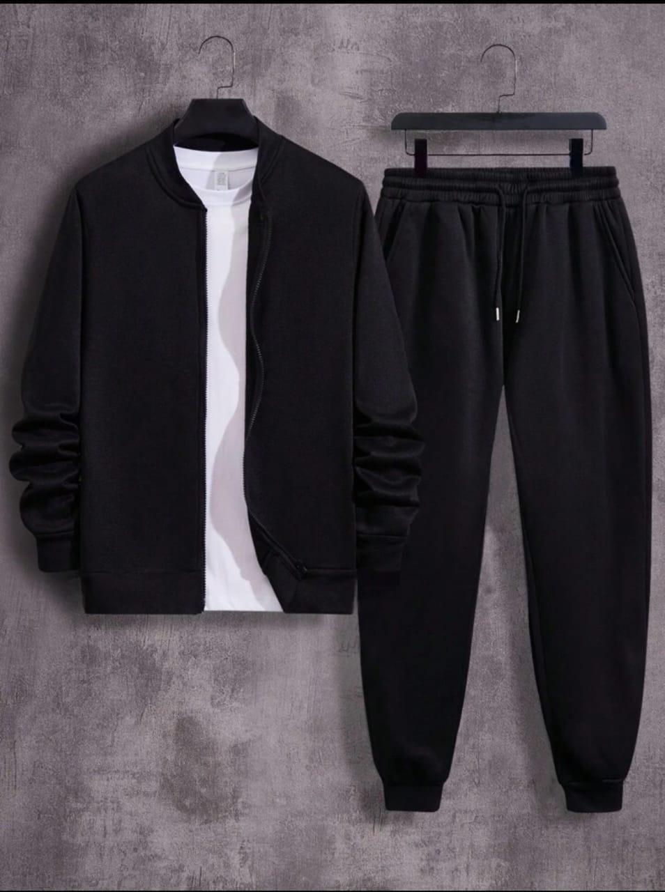 Men's Black Tracksuit Set | Streetwear Black Tracksuit | Fleece Black Tracksuit Set